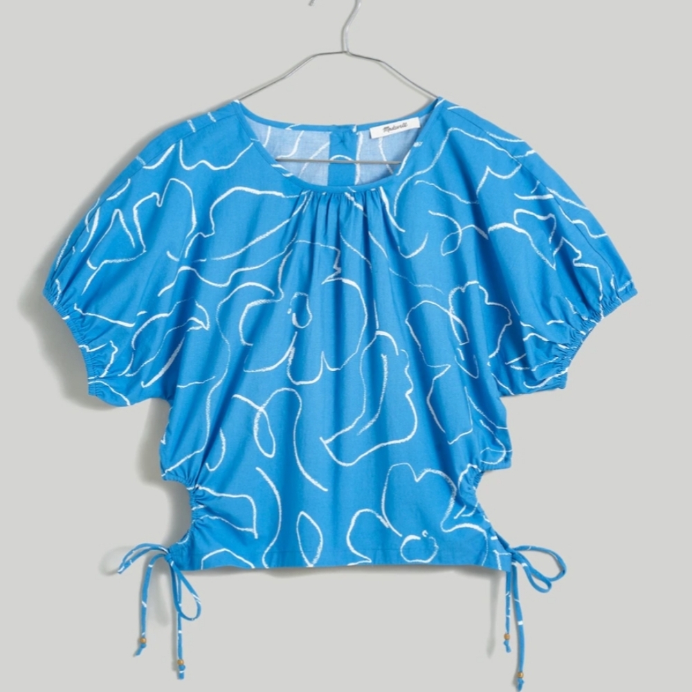 Madewell Poplin Puff-Sleeve Cutout Crop Top in Linear Bloom